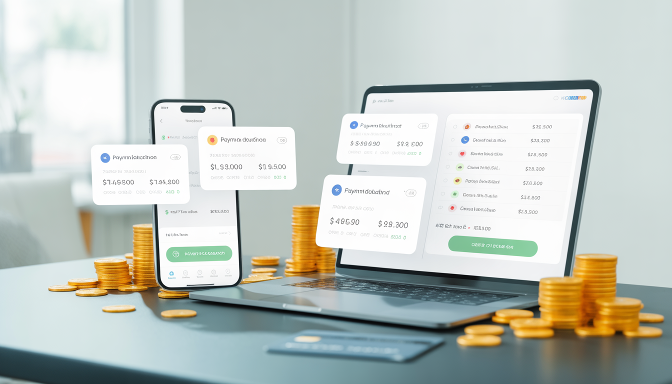 A photorealistic thumbnail showing a smartphone and laptop positioned side by side on a sleek desk. Multiple payment notification pop-ups appear on both screens showing various dollar amounts in green. Golden coins are scattered artistically around the devices alongside a credit card. The clean white background with subtle gradient creates a bright, premium aesthetic that visually communicates financial success and multiple income streams. This thumbnail represents a guide to make money online through proven websites in 2026.