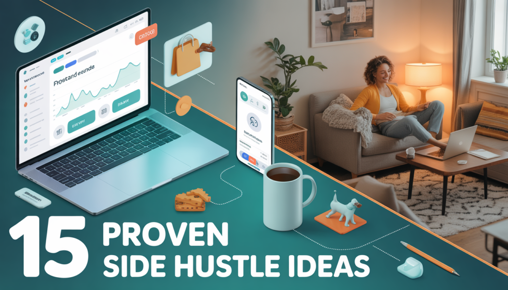 Side hustle ideas featured image showing a laptop with income graphs, floating icons representing freelancing, pet sitting, and e-commerce, and a person working from a cozy home office setup.