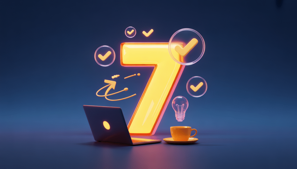 A bold 3D render featuring a giant glossy gold number "7" centered against a dark navy blue gradient background. Small glowing icons, including checkmarks and lightbulbs, orbit around the number like stars. In the foreground, a dark silhouette of a laptop and coffee cup adds depth. The clean, modern composition leaves clear space at the top and bottom for text overlay, emphasizing the theme of seven essential freelancing tips.