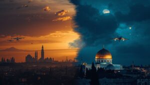 Dramatic split-screen image showing Iran and Israel conflict scene with missile streaks across night sky, Azadi Tower silhouette on left, Dome of the Rock on right, representing the latest iran war news and escalating tensions.