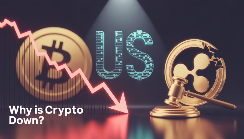 3D render of crypto market downturn featuring Bitcoin red trend line, fractured XRP coin with legal gavel, and glitching US dollar symbol for USOR crypto, illustrating why is crypto down amid regulatory uncertainty.