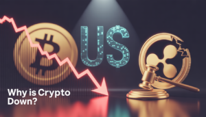 3D render of crypto market downturn featuring Bitcoin red trend line, fractured XRP coin with legal gavel, and glitching US dollar symbol for USOR crypto, illustrating why is crypto down amid regulatory uncertainty.