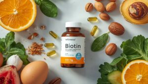 Biotin supplements featured image showing capsules, healthy hair growth, strong nails, glowing skin, and vitamin B7 wellness benefits