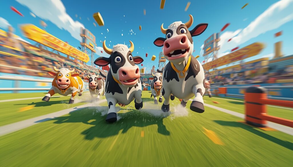 Crazy Cattle 3D gameplay showing cartoon cows colliding in a colorful arena with chaotic physics action.