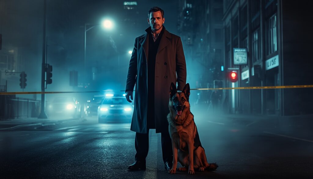 Hudson and Rex crime drama detective with German Shepherd police dog investigating a case at night.