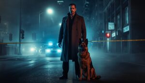 Hudson and Rex crime drama detective with German Shepherd police dog investigating a case at night.