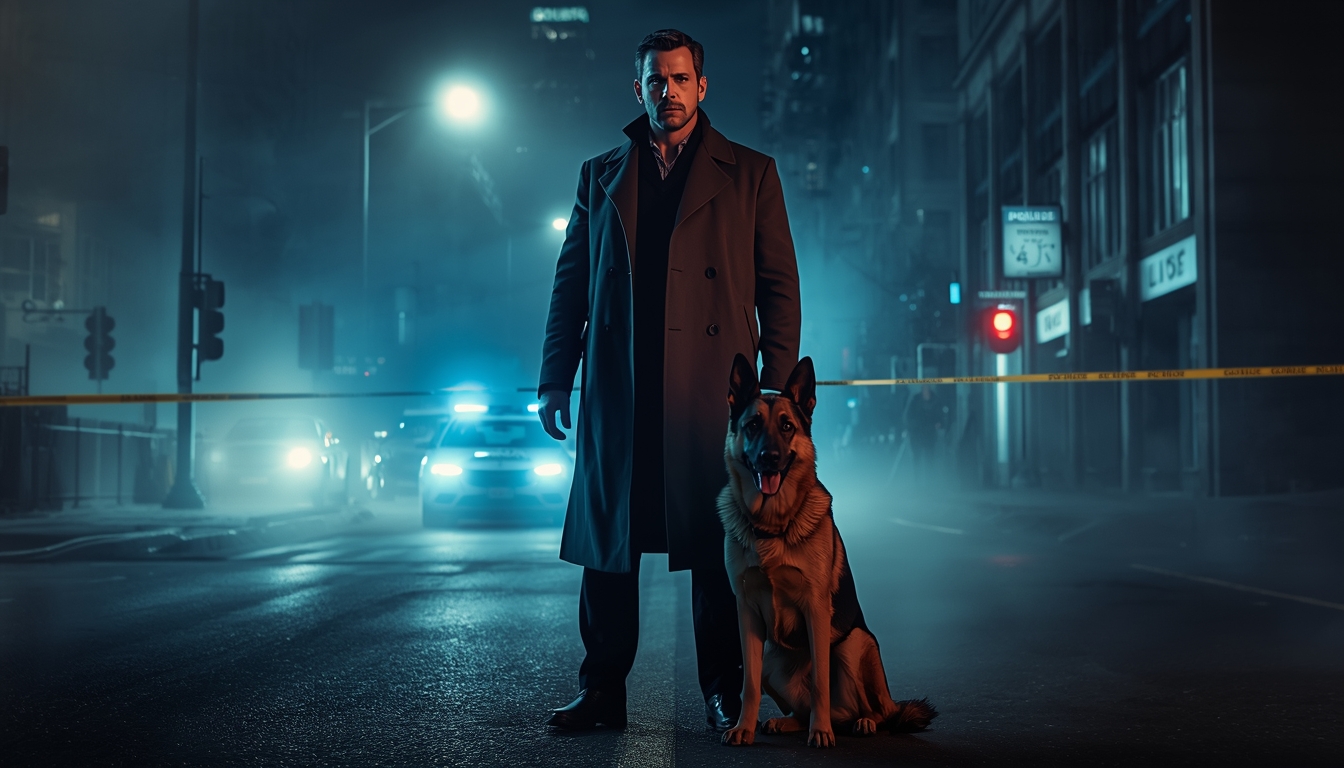 Hudson and Rex crime drama detective with German Shepherd police dog investigating a case at night.