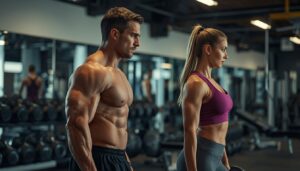 Man and woman performing Lateral Raises exercise with dumbbells in a modern gym for shoulder strength and side delt muscle development