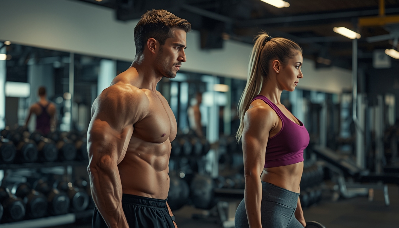 Man and woman performing Lateral Raises exercise with dumbbells in a modern gym for shoulder strength and side delt muscle development