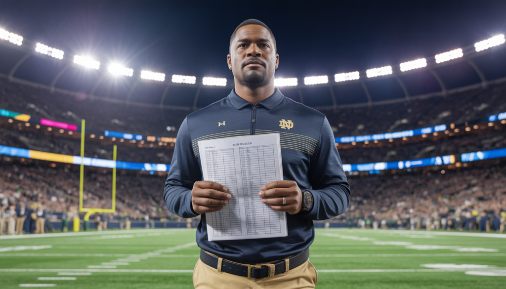 Marcus Freeman standing on a football field as Notre Dame head coach during game day, wearing coaching attire with stadium lights and crowd in the background