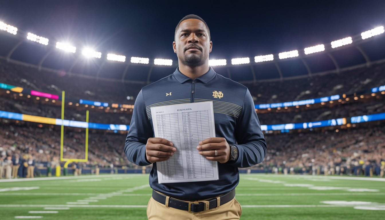 Marcus Freeman standing on a football field as Notre Dame head coach during game day, wearing coaching attire with stadium lights and crowd in the background