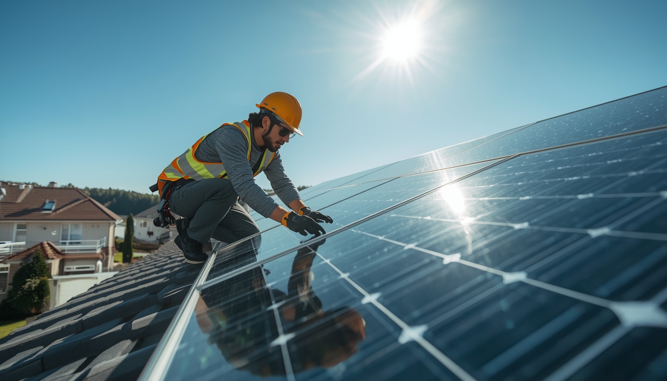 Solar installer installing solar panels on a residential roof to reduce energy bills