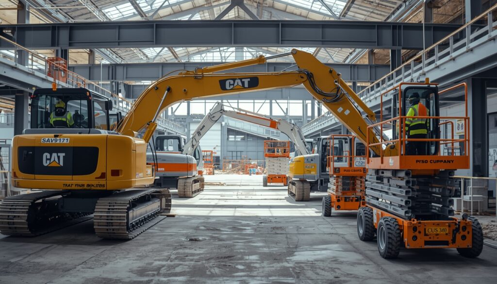 Sunbelt Rentals construction equipment including excavators and lifts in use on a professional job site