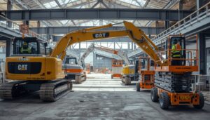 Sunbelt Rentals construction equipment including excavators and lifts in use on a professional job site