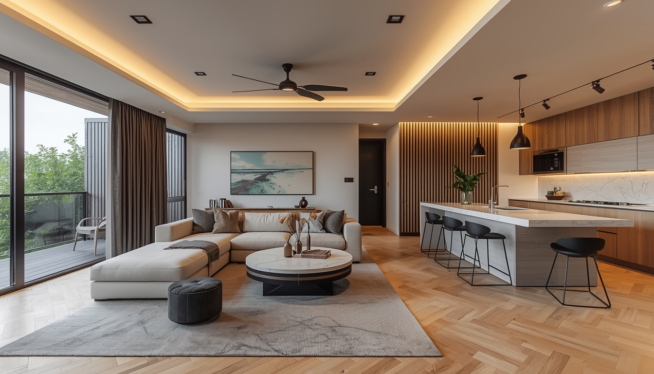 Modern home interior in 2026 featuring smart home automation, energy-efficient lighting, minimalist design, and stylish practical home improvement upgrades in a spacious living area.