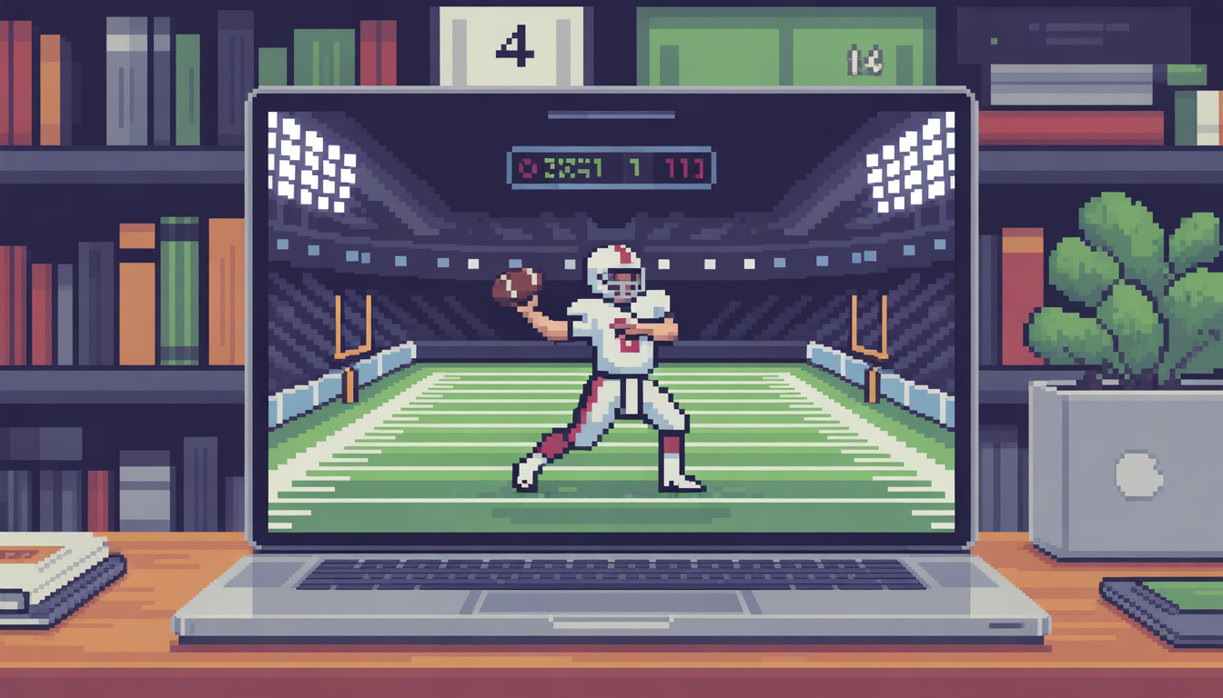 Retro bowl unblocked gameplay showing pixel football match on a laptop screen with retro arcade style graphics