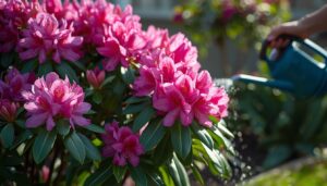Healthy rhododendron plant with vibrant pink blooms growing in a well-maintained garden during spring
