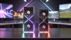 RTX 5090 vs RTX 4090 graphics card comparison with futuristic gaming setup and neon lighting