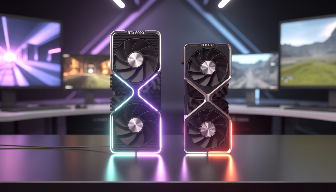 RTX 5090 vs RTX 4090 graphics card comparison with futuristic gaming setup and neon lighting