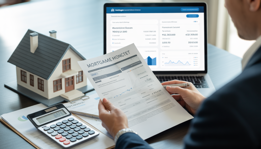 Shellpoint mortgage review concept showing mortgage paperwork, house model, and financial planning tools